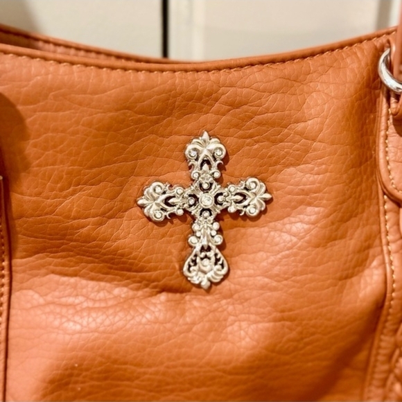 Women’s Tan Tote Bag with Decorative Cross - Picture 10 of 13